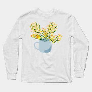 Mug and flower bouquet made of mimosa branches Long Sleeve T-Shirt